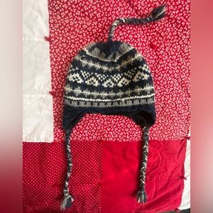 NEPAL 100% Wool Navy and White Knit Beanie with fleece lining- Adult unisex